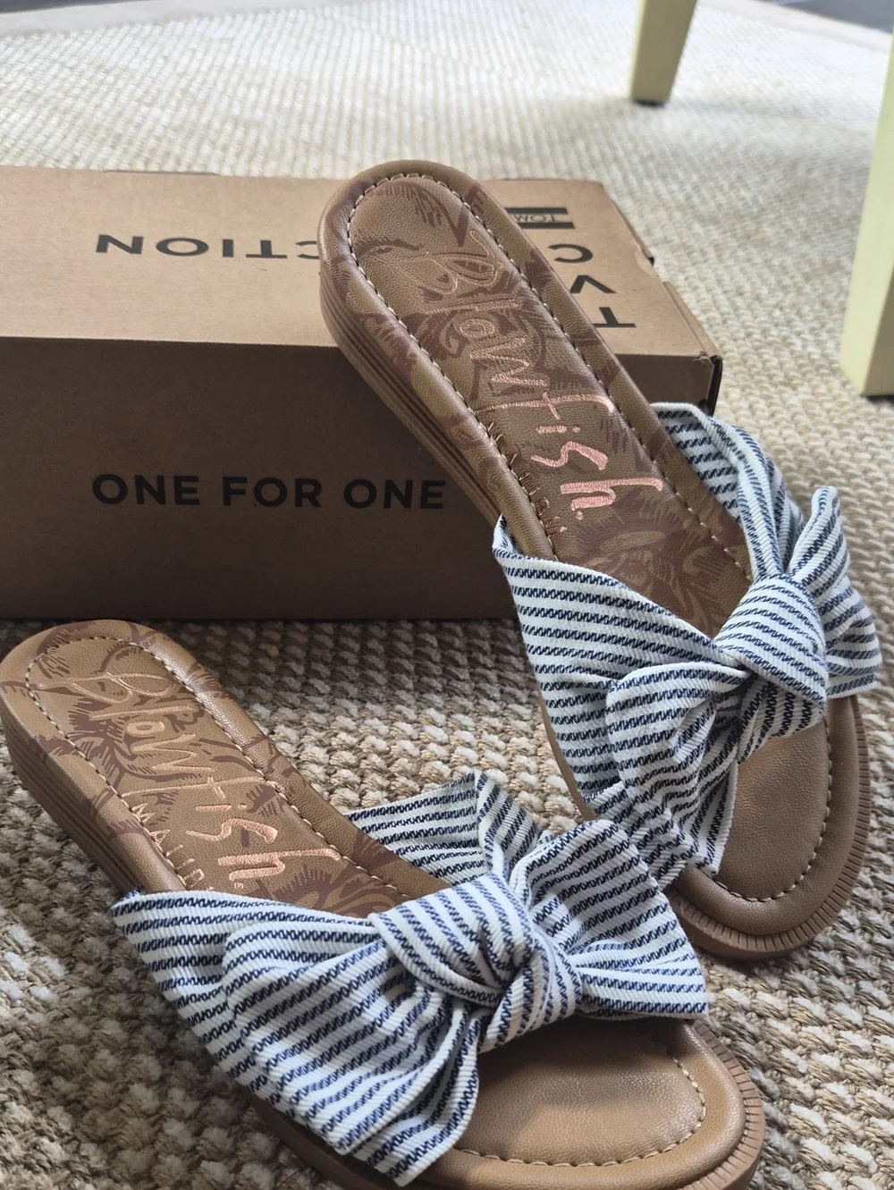 Blowfish Striped Bow Slide Sandals in Tan and Navy